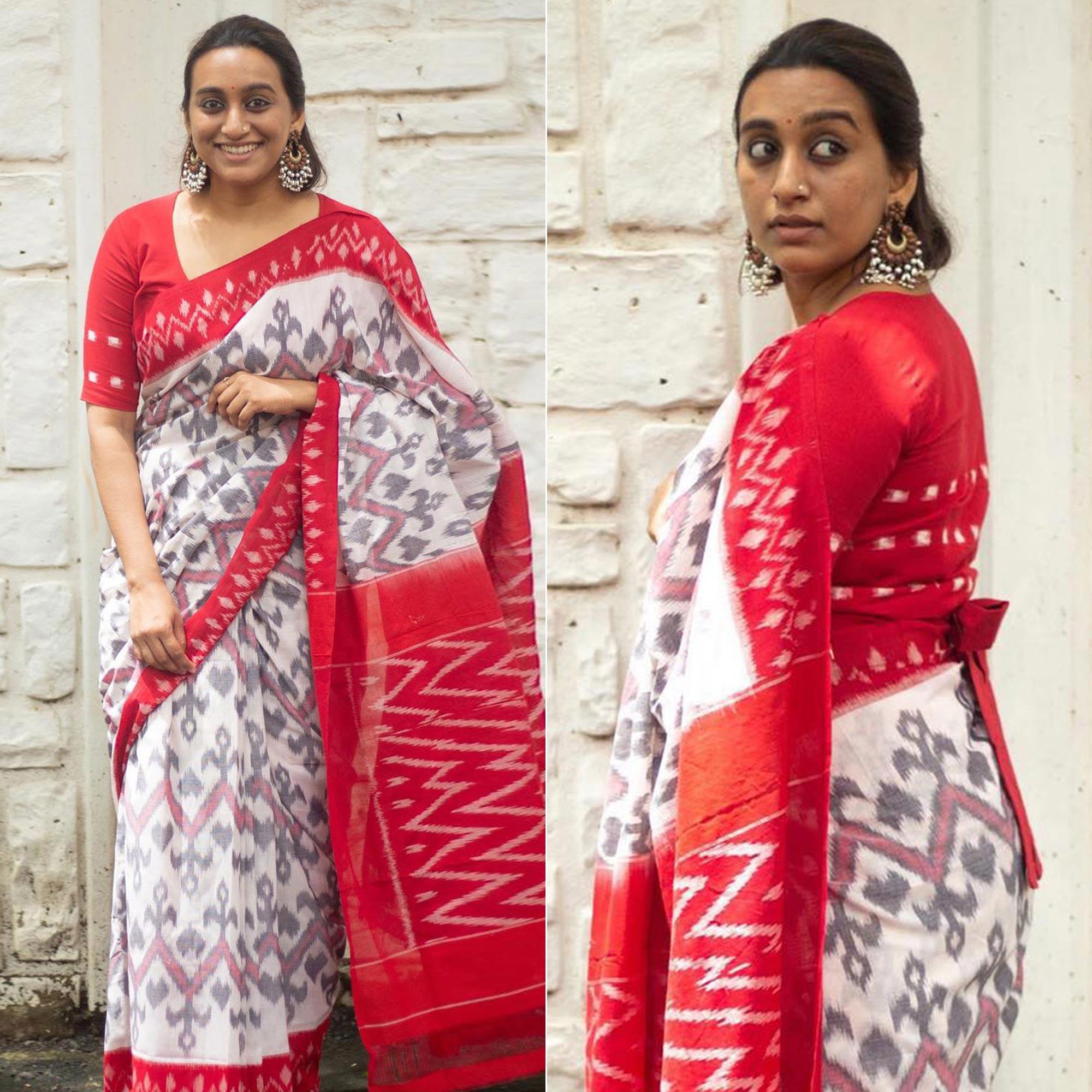 White-Red Ikkat Printed Linen Saree - Peachmode