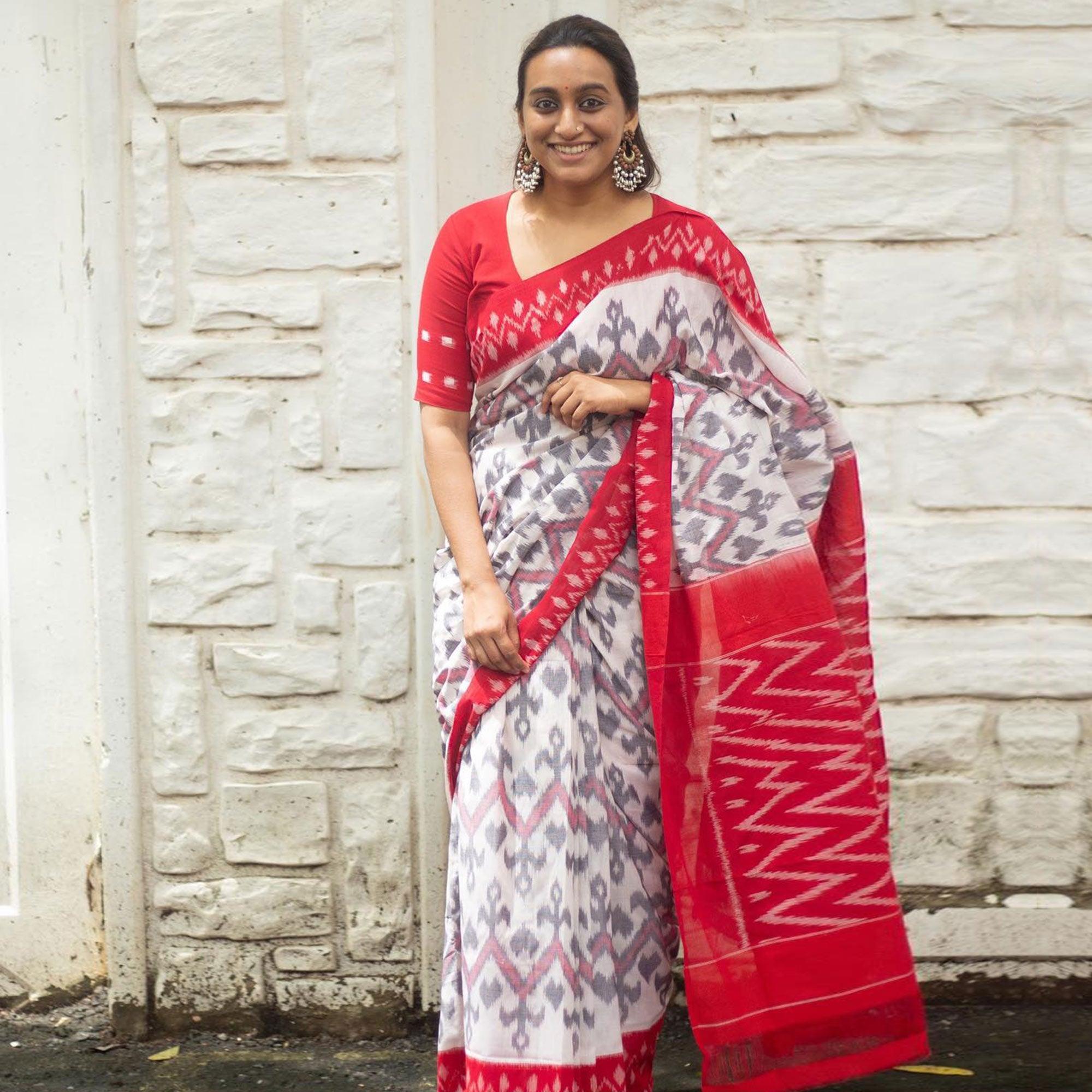 White-Red Ikkat Printed Linen Saree - Peachmode