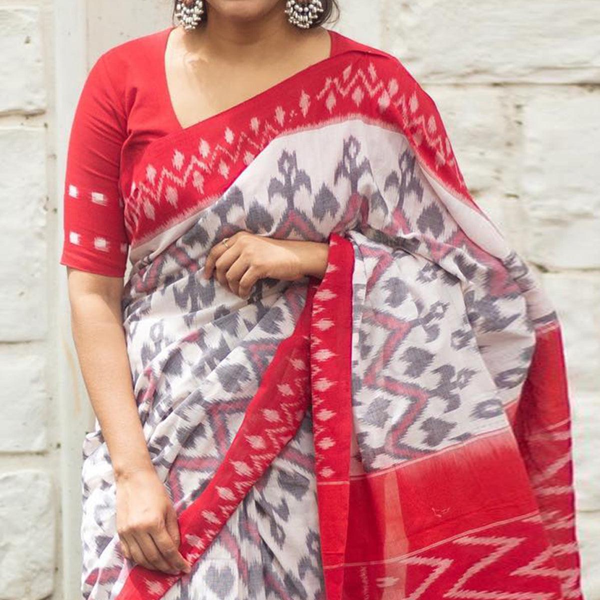 White-Red Ikkat Printed Linen Saree - Peachmode