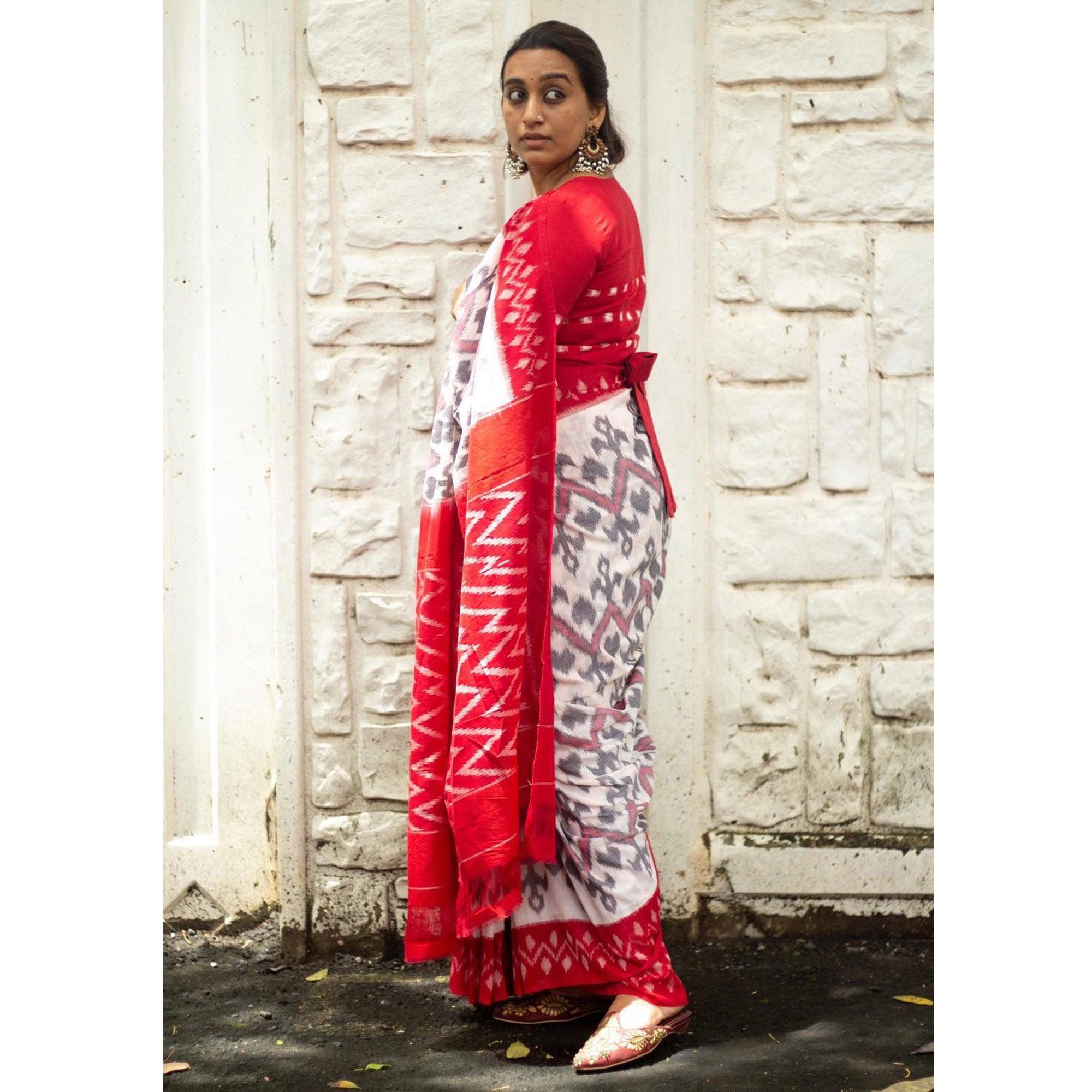 White-Red Ikkat Printed Linen Saree - Peachmode