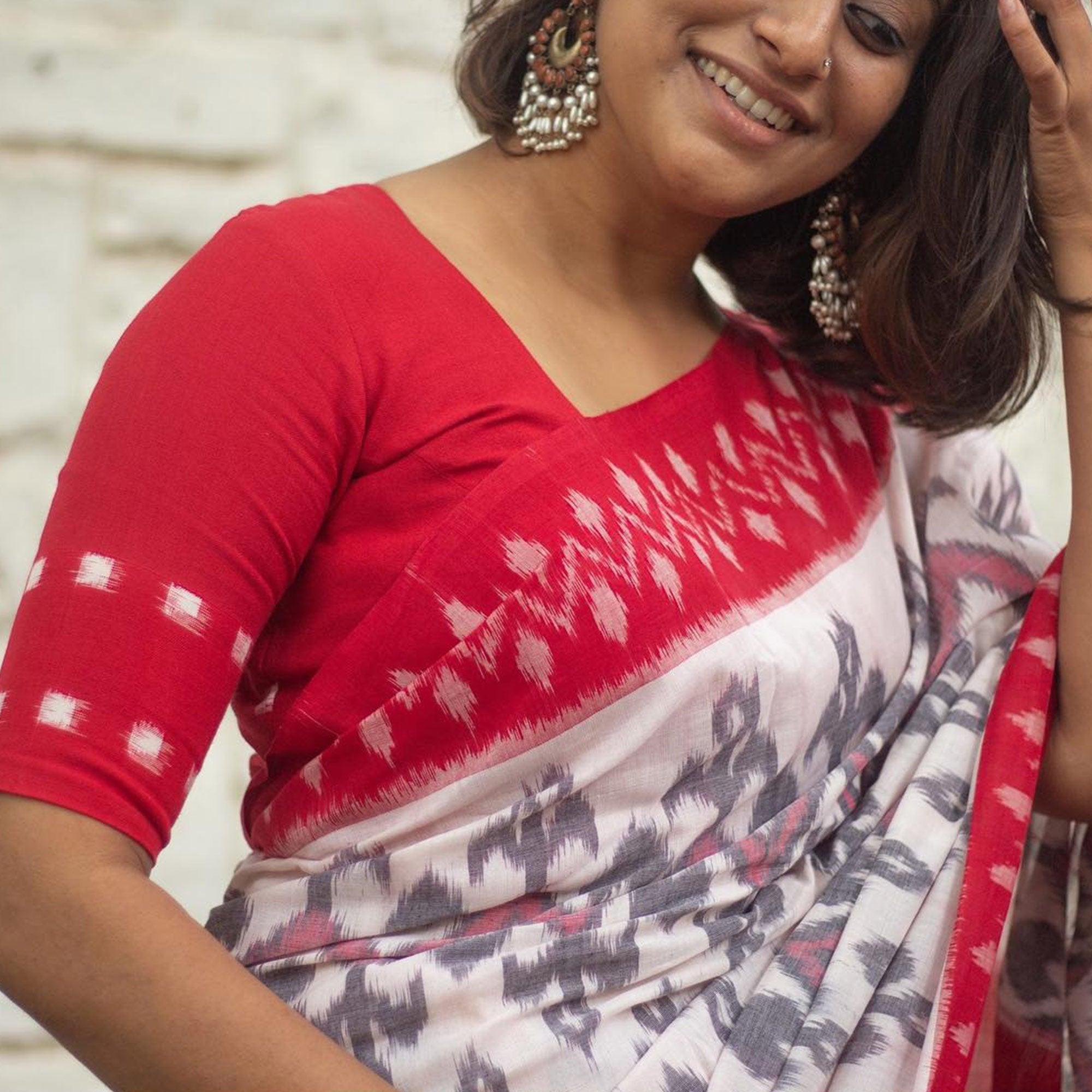 White-Red Ikkat Printed Linen Saree - Peachmode