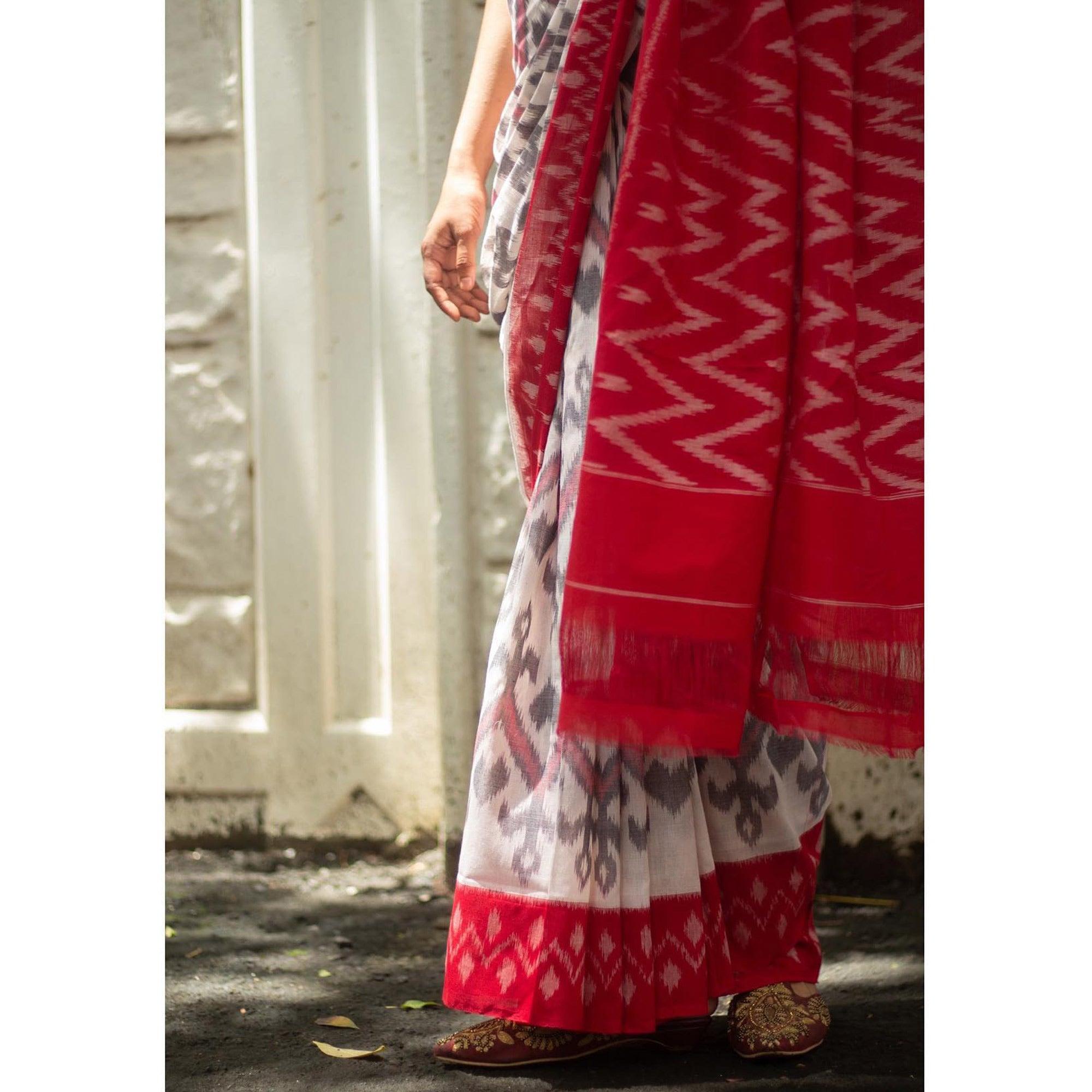 White-Red Ikkat Printed Linen Saree - Peachmode