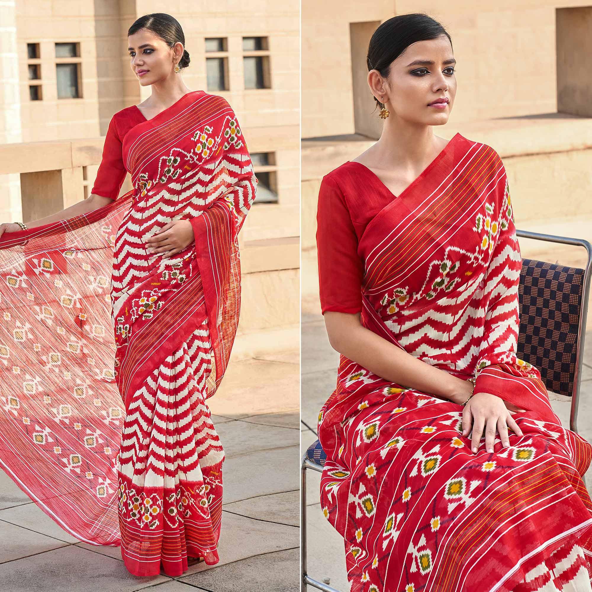 White-Red Printed Poly Cotton Saree - Peachmode