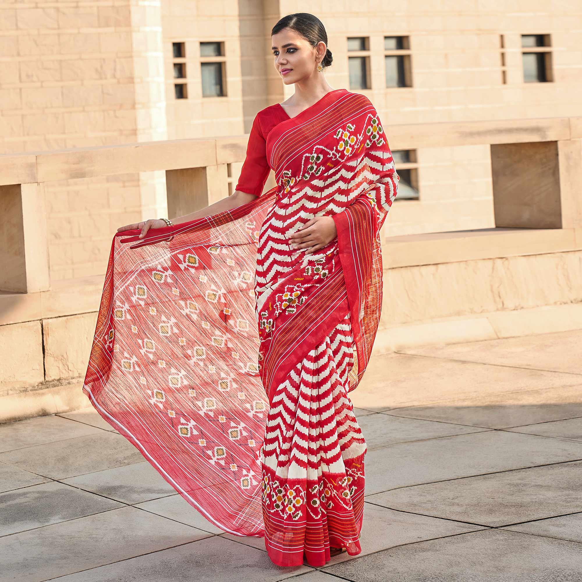 White-Red Printed Poly Cotton Saree - Peachmode