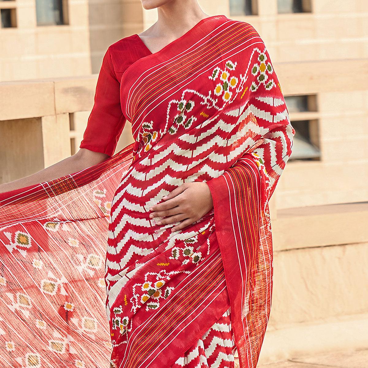 White-Red Printed Poly Cotton Saree - Peachmode