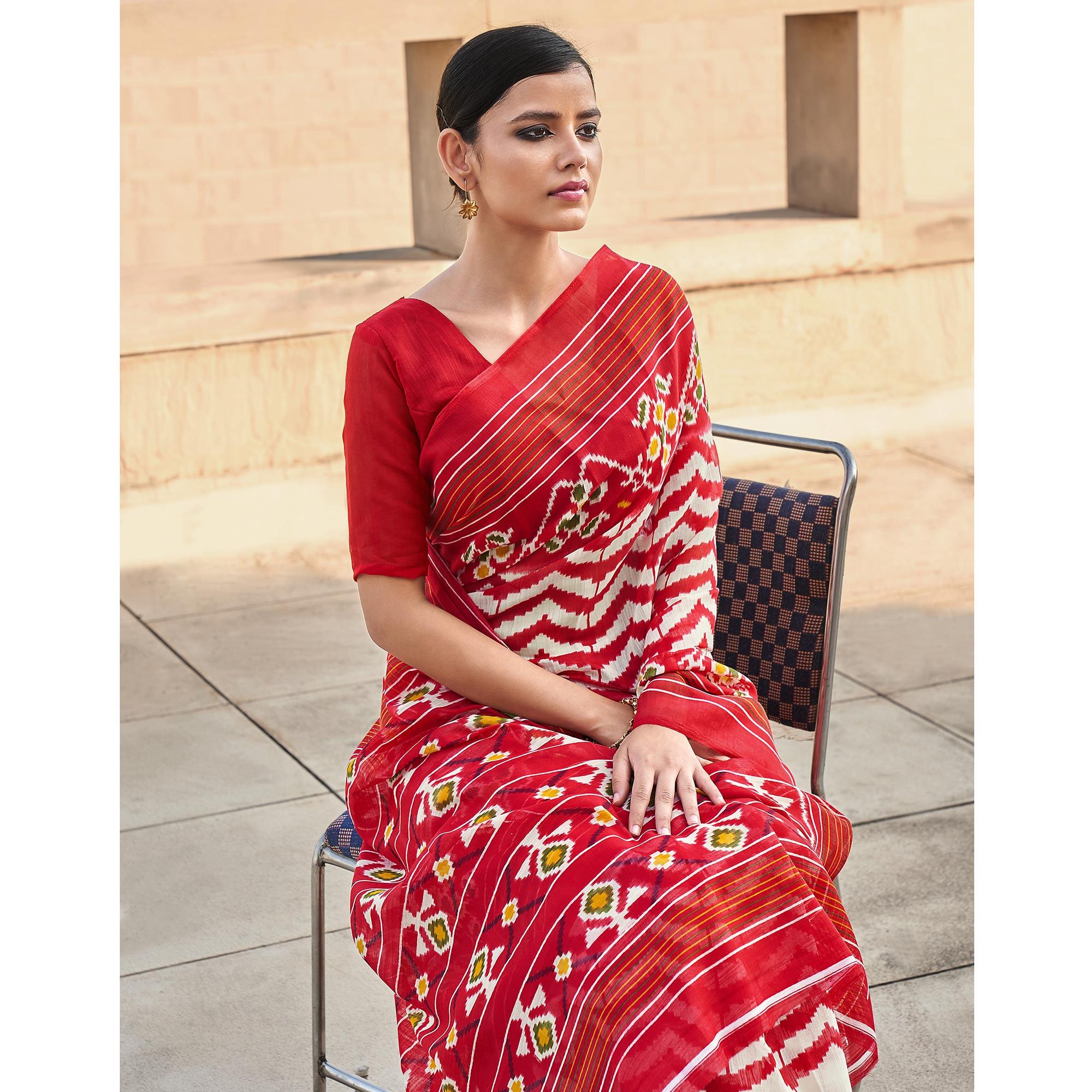 White-Red Printed Poly Cotton Saree - Peachmode