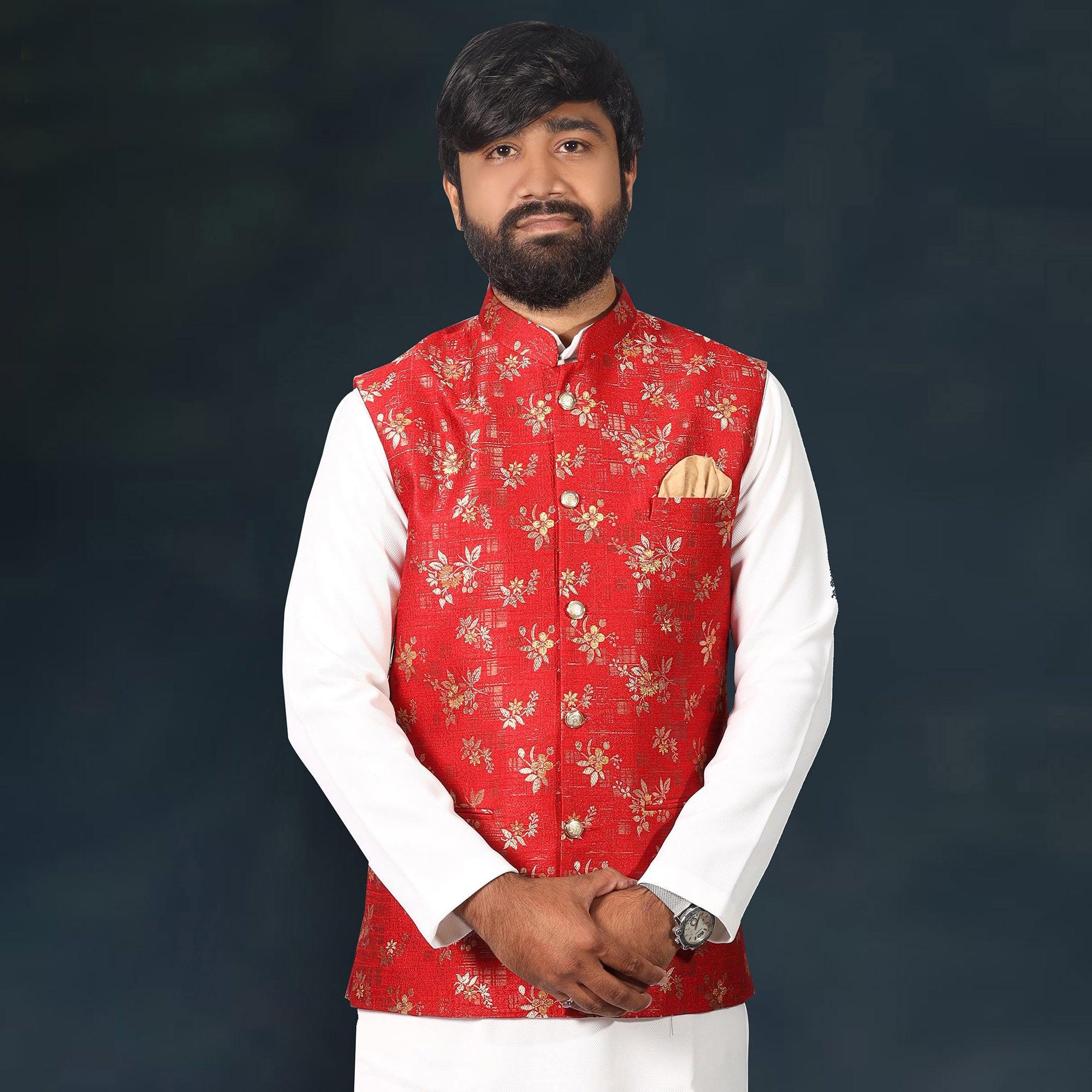 White-Red Woven Pure Cotton Kurta Pyjama Set With Modi Jacket - Peachmode