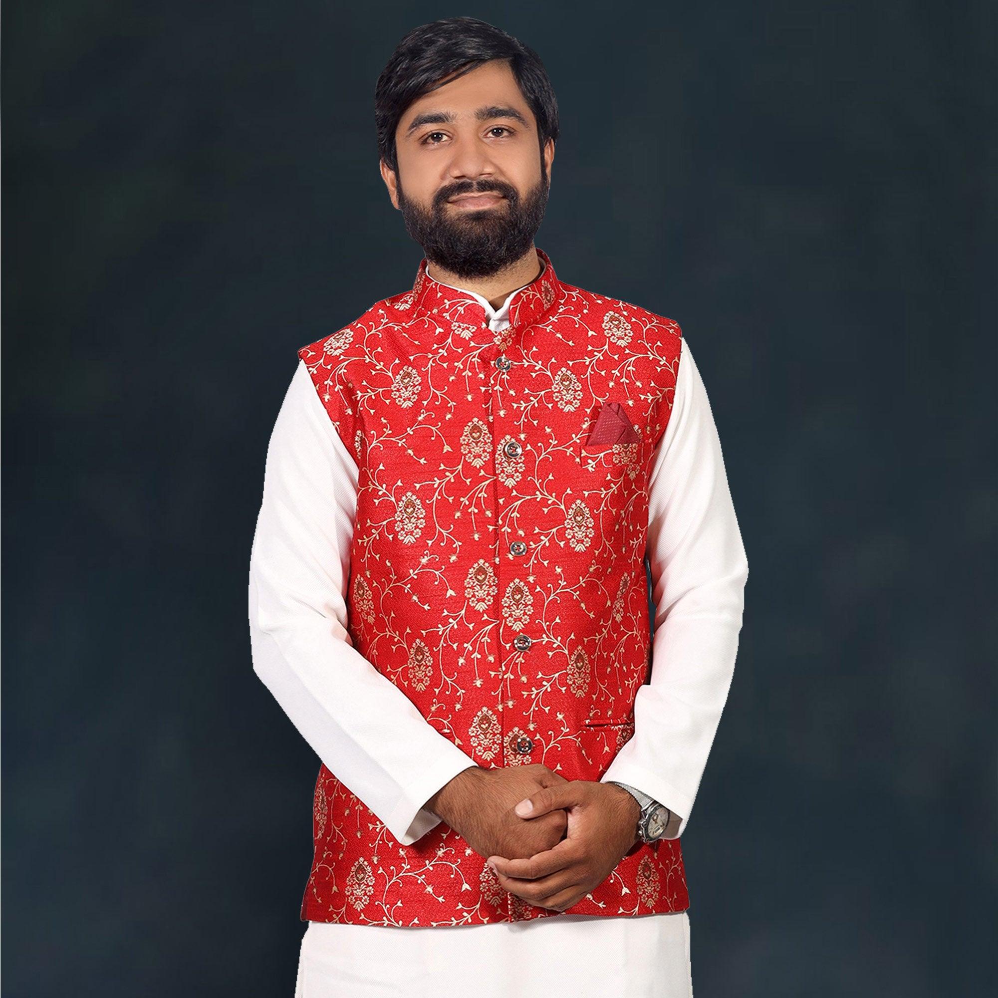 White-Red Woven Pure Cotton Kurta Pyjama Set With Modi Jacket - Peachmode