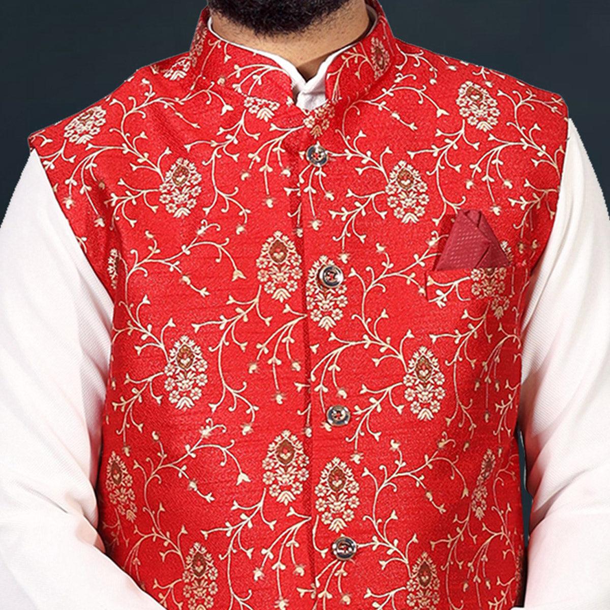 White-Red Woven Pure Cotton Kurta Pyjama Set With Modi Jacket - Peachmode