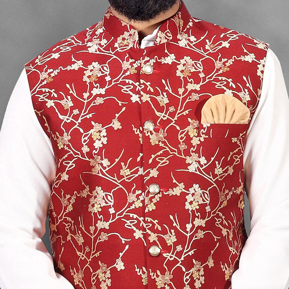 White-Red Woven Pure Cotton Kurta Pyjama Set With Modi Jacket - Peachmode