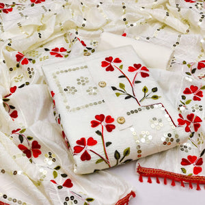 White Sequence Embroidered Chanderi Dress Material - Peachmode