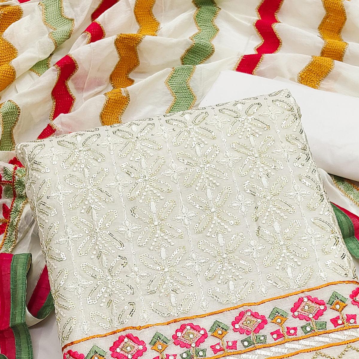 White Sequence Embroidered Chanderi Dress Material - Peachmode