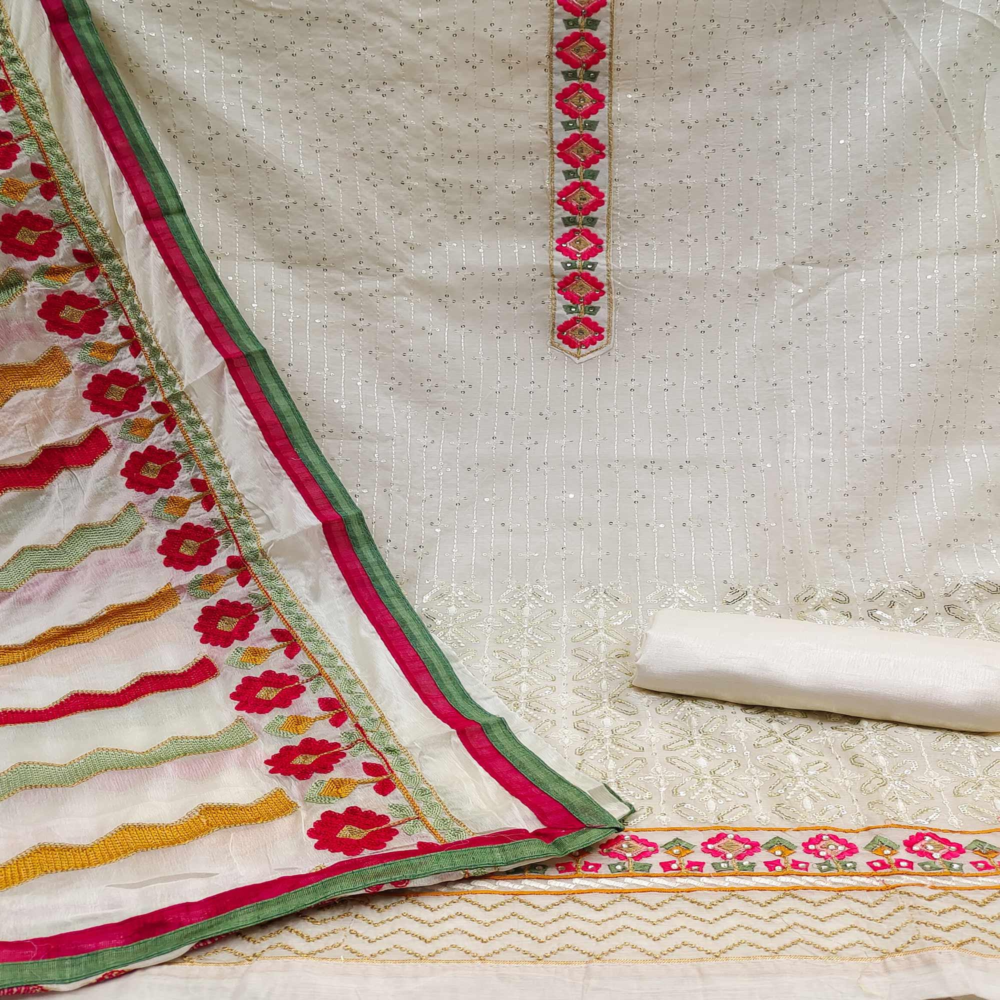 White Sequence Embroidered Chanderi Dress Material - Peachmode