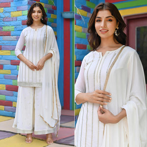 White Sequence Embroidered Chiffon Palazzo Suit - Peachmode