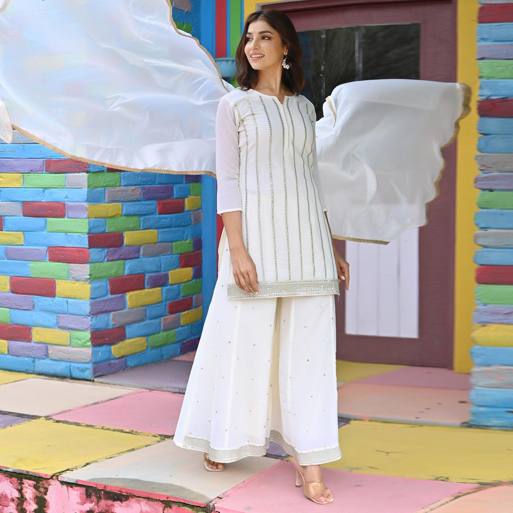 White Sequence Embroidered Chiffon Palazzo Suit - Peachmode