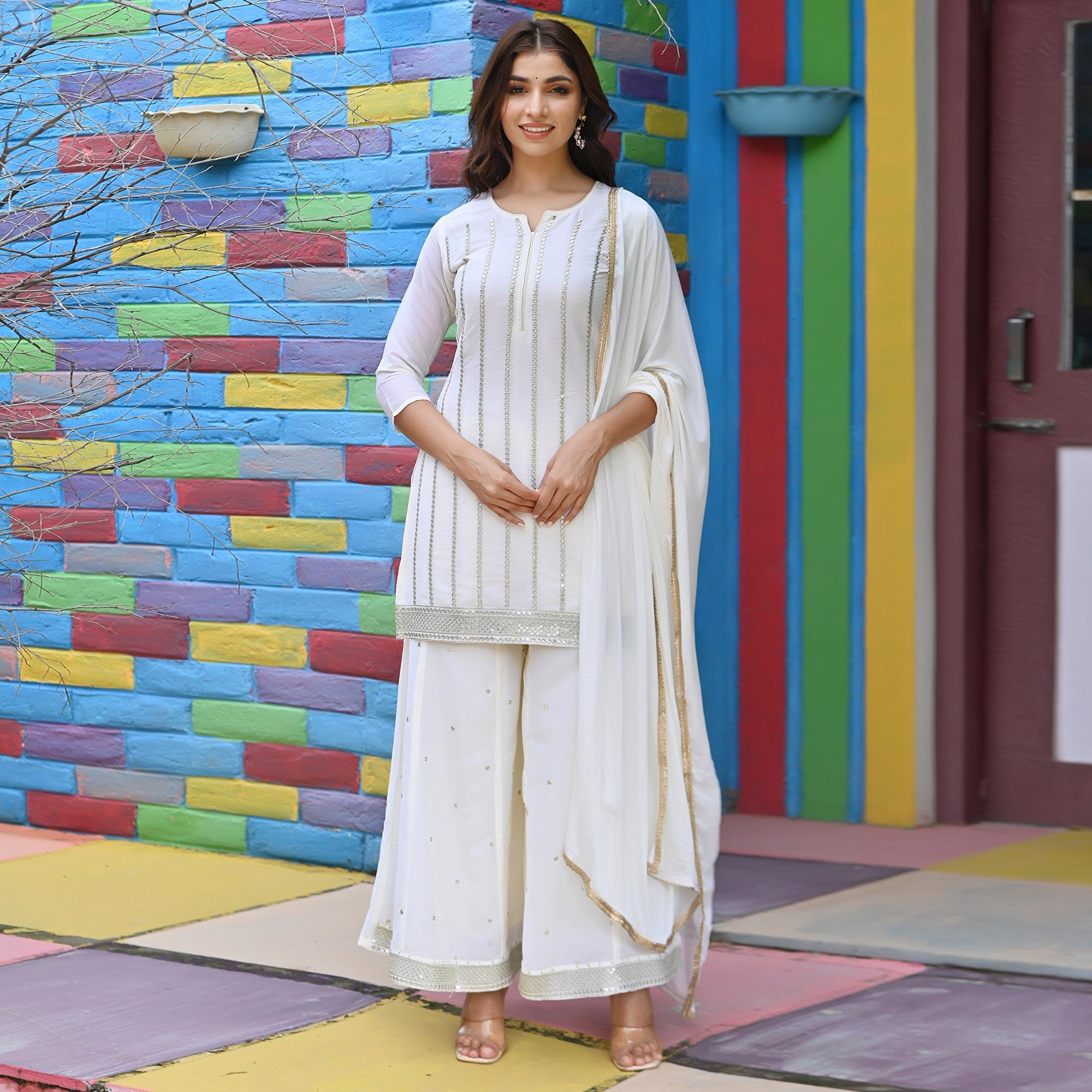 White Sequence Embroidered Chiffon Palazzo Suit - Peachmode