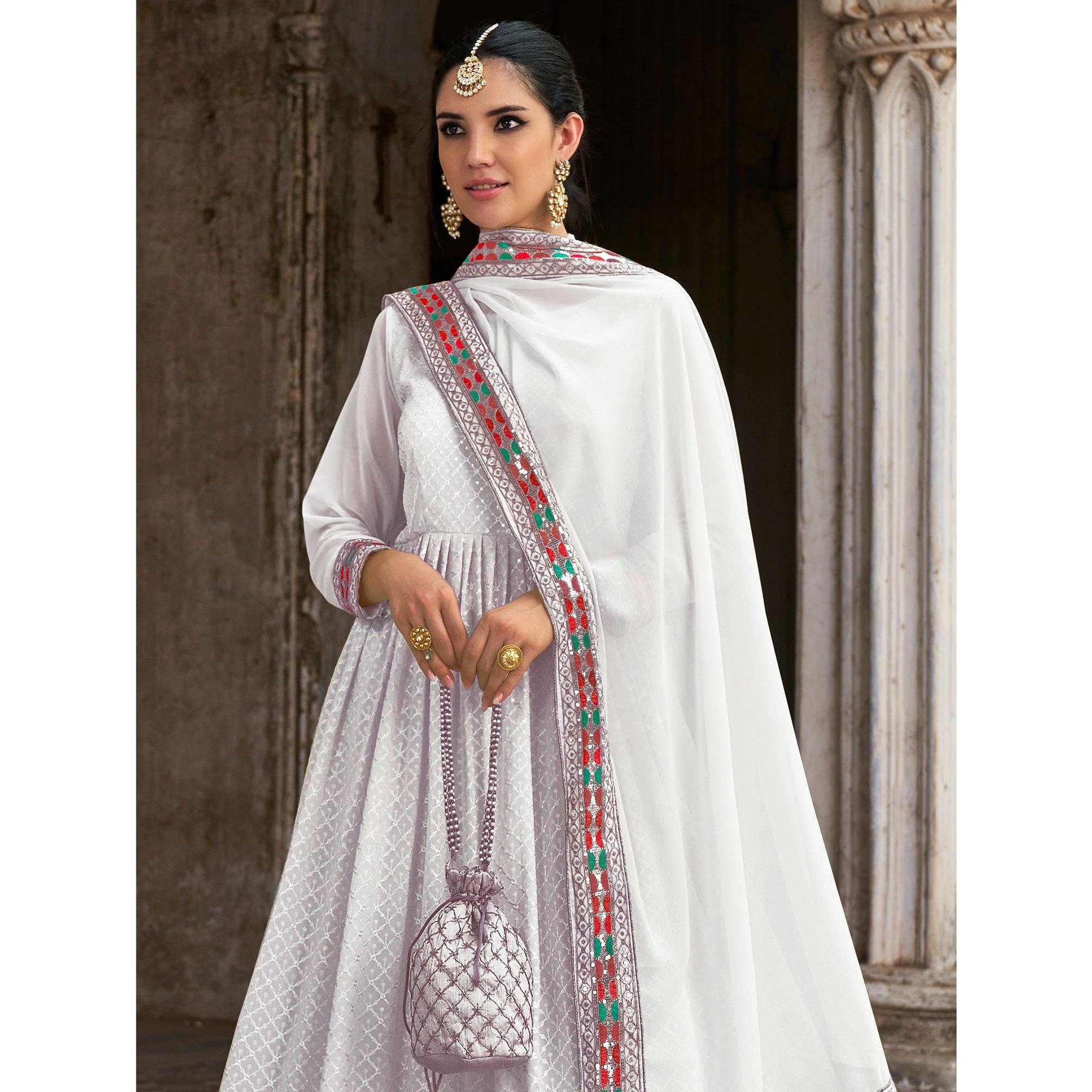 White Sequence Embroidered Georgette Anarkali Suit - Peachmode