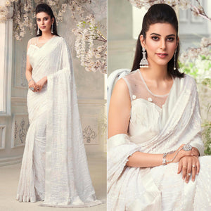 White Sequence Embroidered Georgette Saree With Tassels - Peachmode