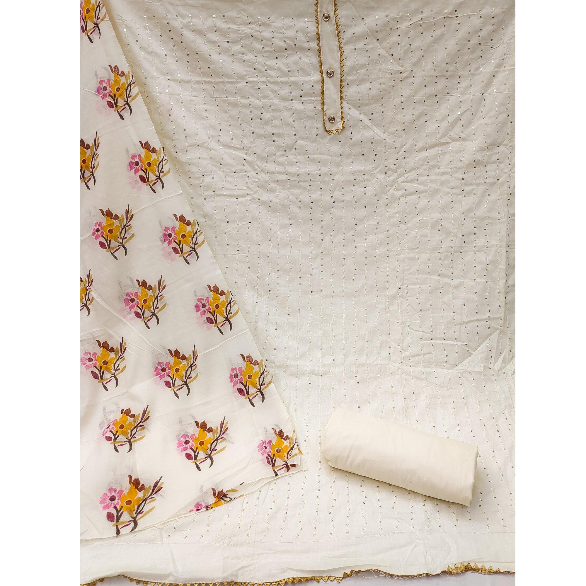 White Sequence Embroidered Poly Cotton Dress Material - Peachmode