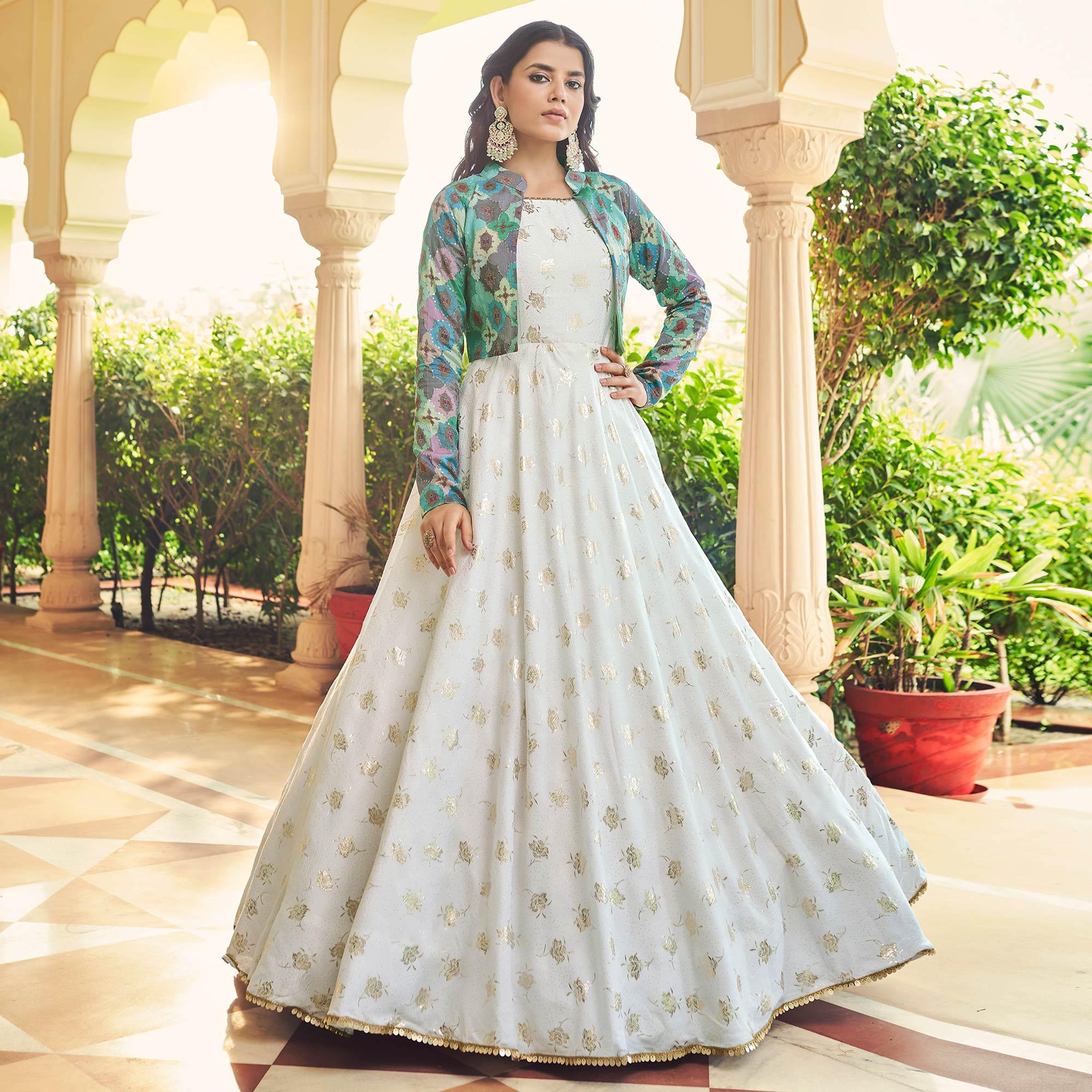 White Sequence Embroidered Pure Cotton Gown With Koti - Peachmode
