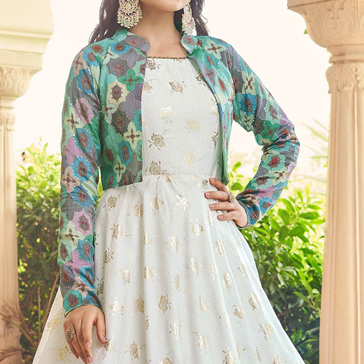 White Sequence Embroidered Pure Cotton Gown With Koti - Peachmode