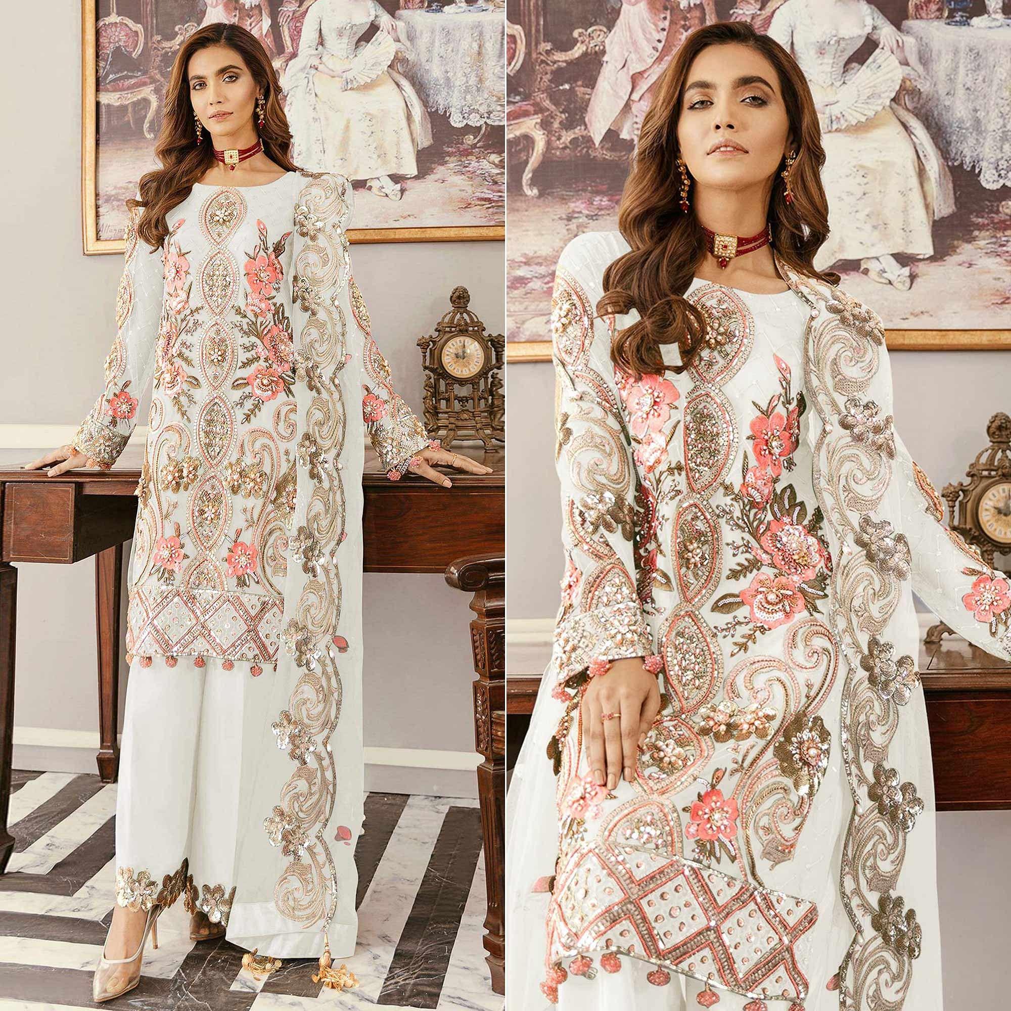 White Sequence Embroidered  Soft Net Partywear Pakistani Suit - Peachmode
