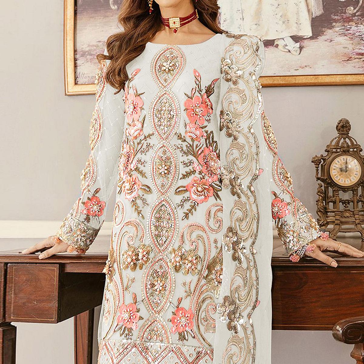White Sequence Embroidered  Soft Net Partywear Pakistani Suit - Peachmode
