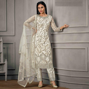 White Sequence Floral Embroidered Net Salwar Suit - Peachmode