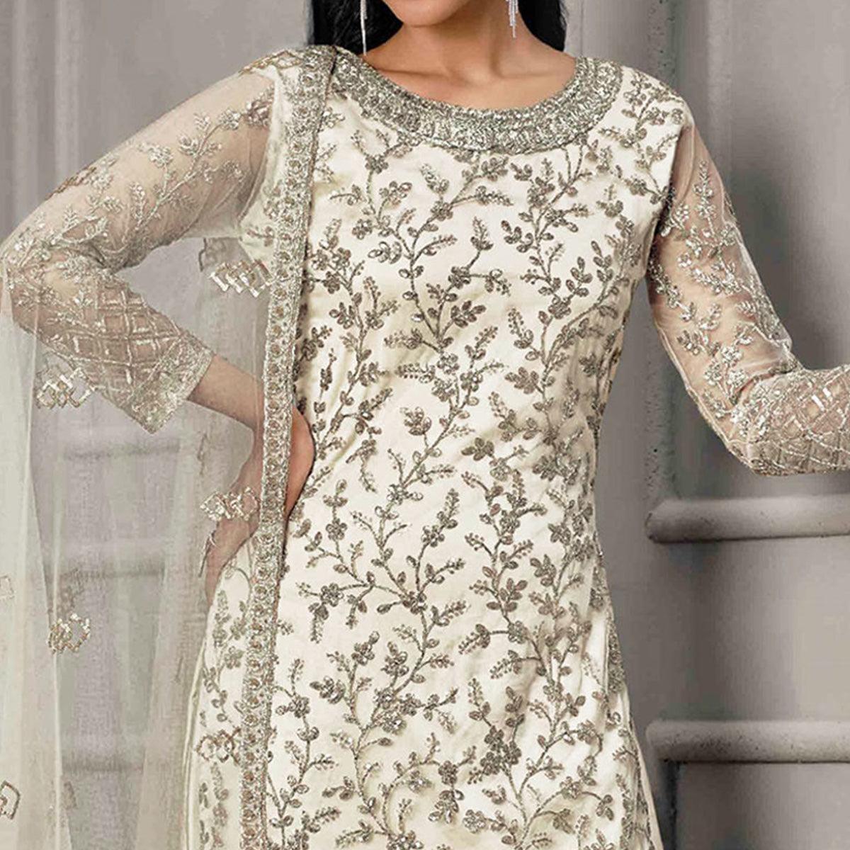 White Sequence Floral Embroidered Net Salwar Suit - Peachmode