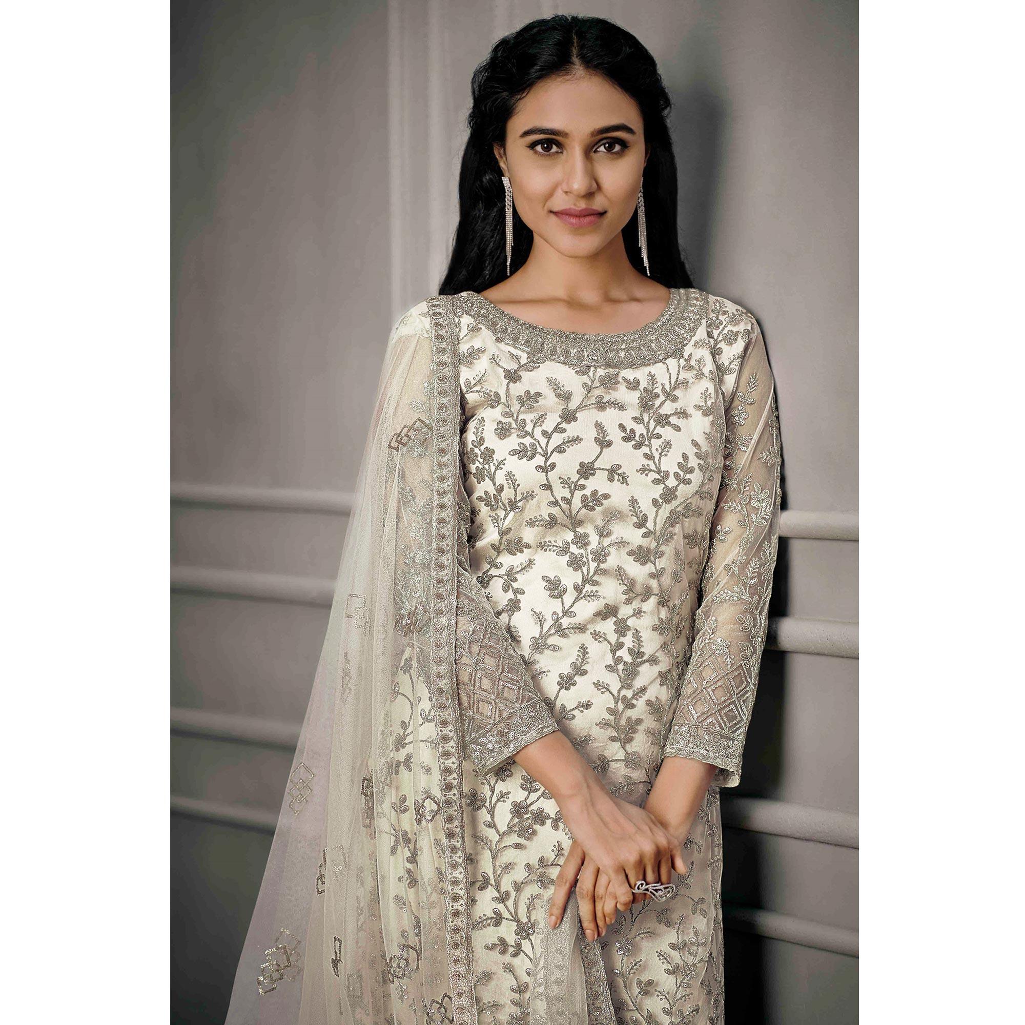 White Sequence Floral Embroidered Net Salwar Suit - Peachmode