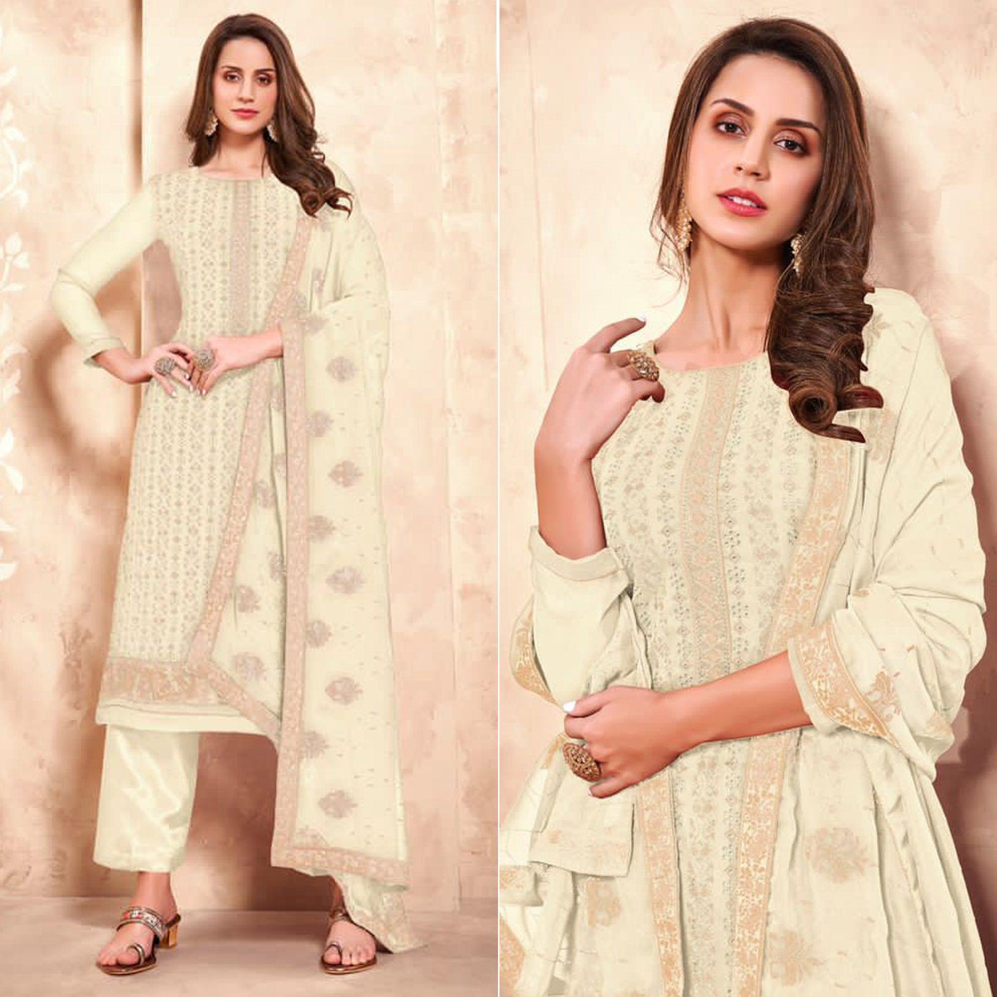 White Sequence  Georgette Partywear Suit - Peachmode