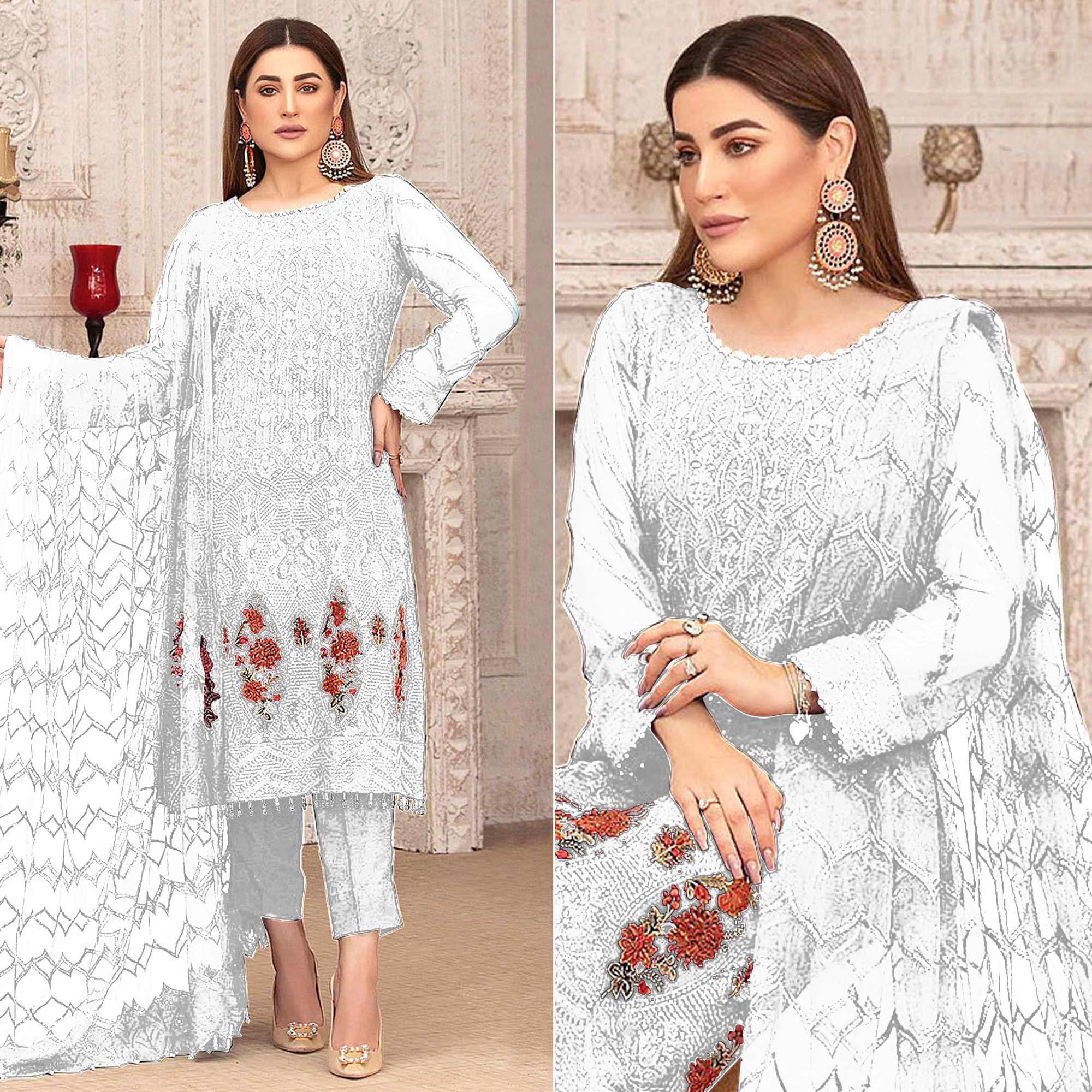 White Sequence With Floral Embroidered Georgette Pakistani Suit - Peachmode