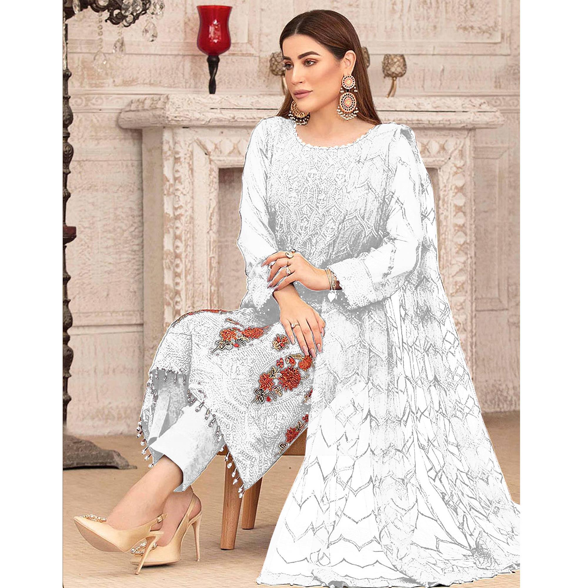 White Sequence With Floral Embroidered Georgette Pakistani Suit - Peachmode