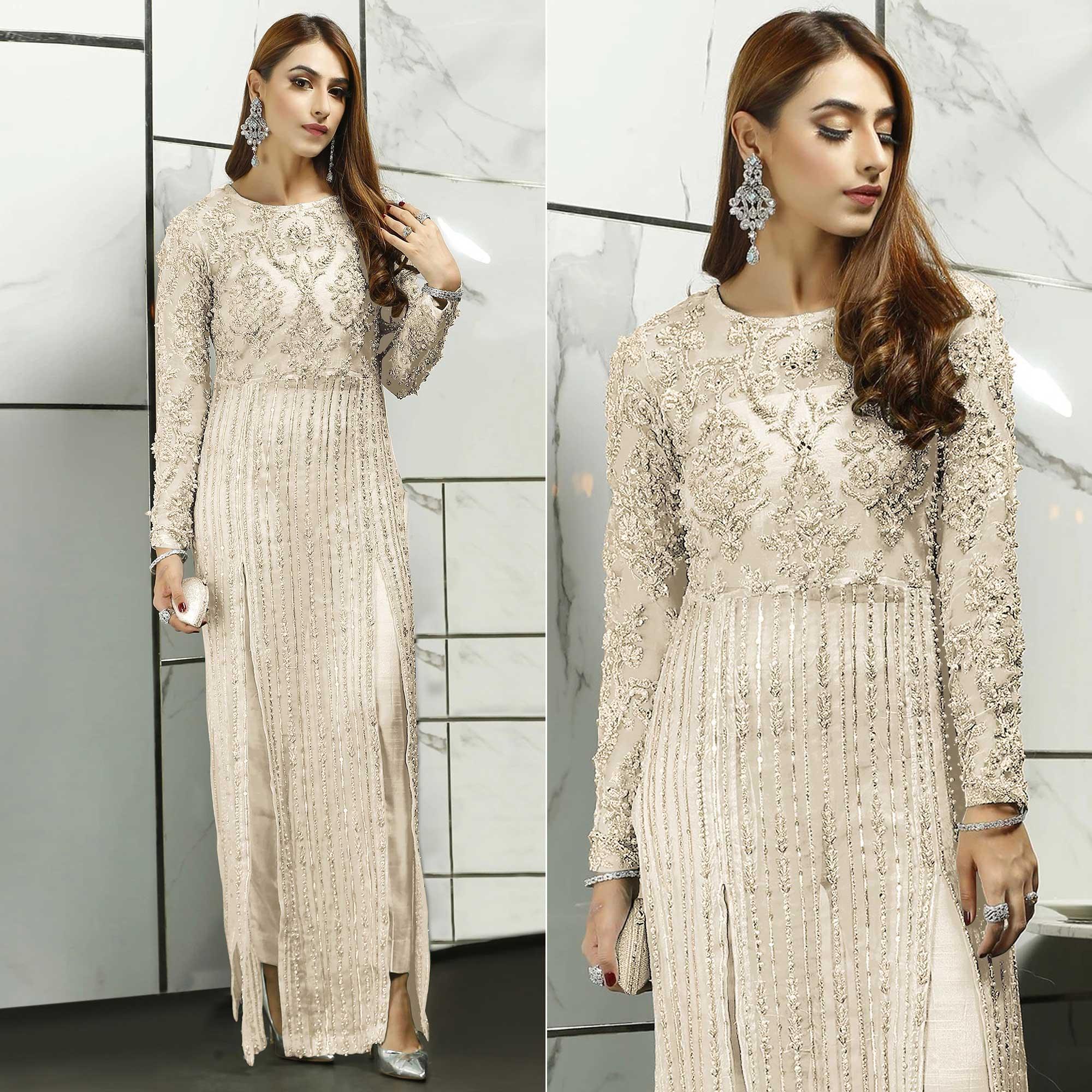 White Sequence With Floral Embroidered Net Pakistani Suit - Peachmode