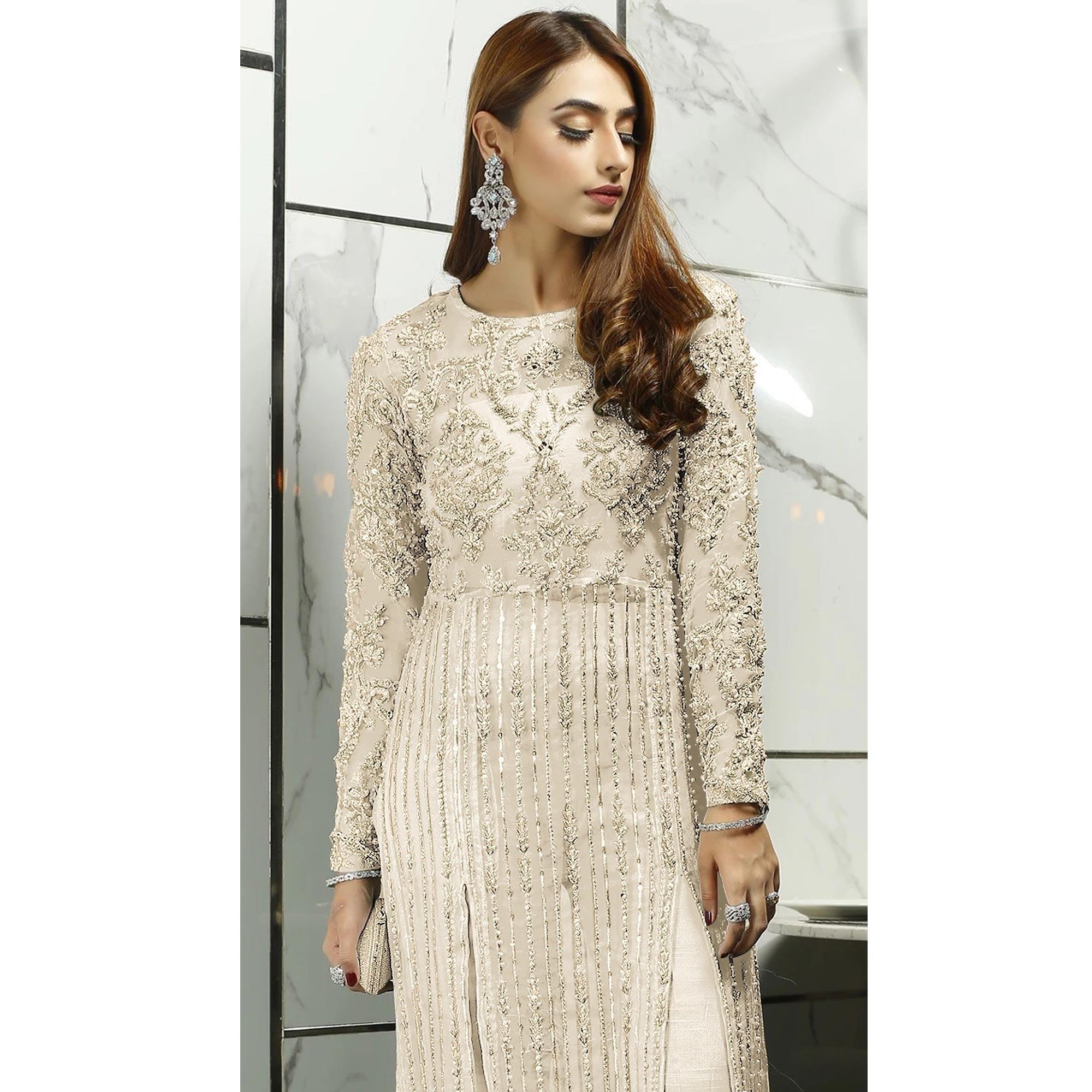 White Sequence With Floral Embroidered Net Pakistani Suit - Peachmode