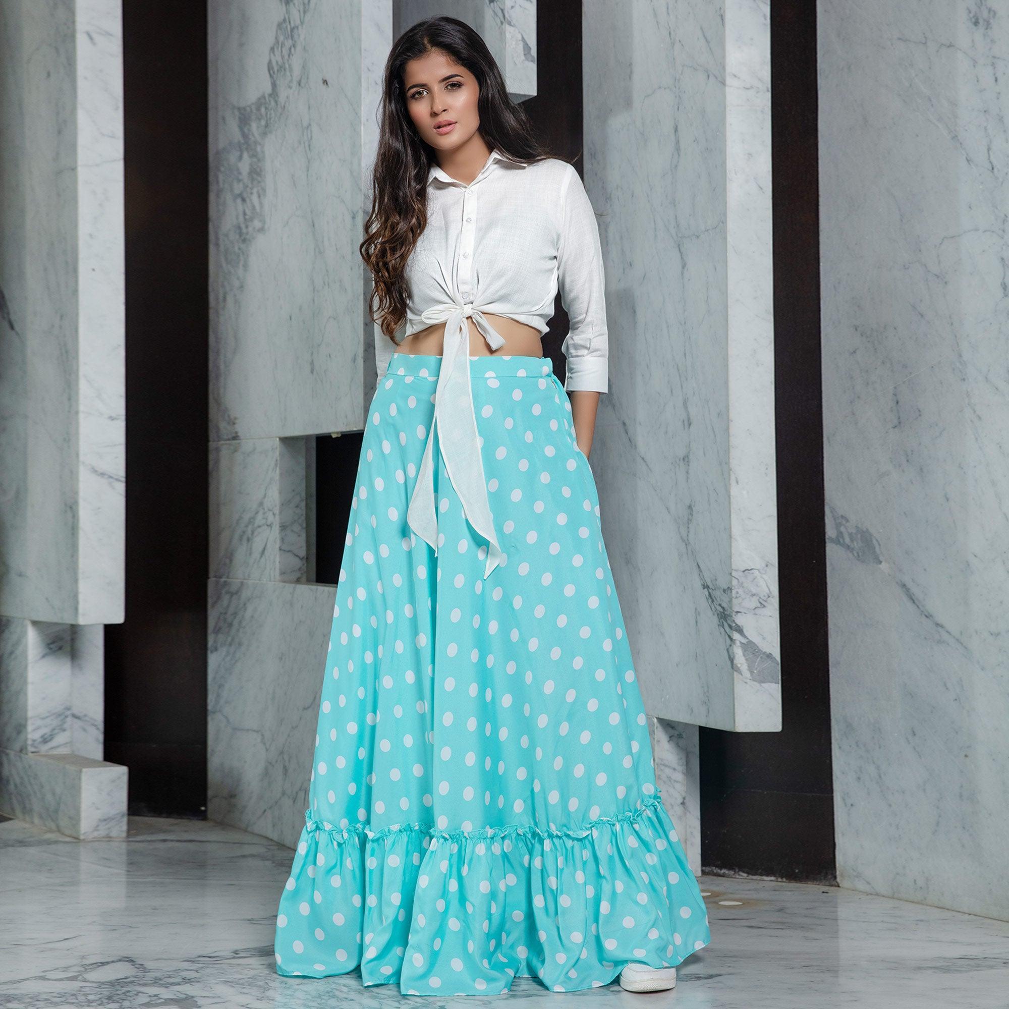 White - Sky Blue Casual Wear Printed Cotton Skirt-Top Set - Peachmode