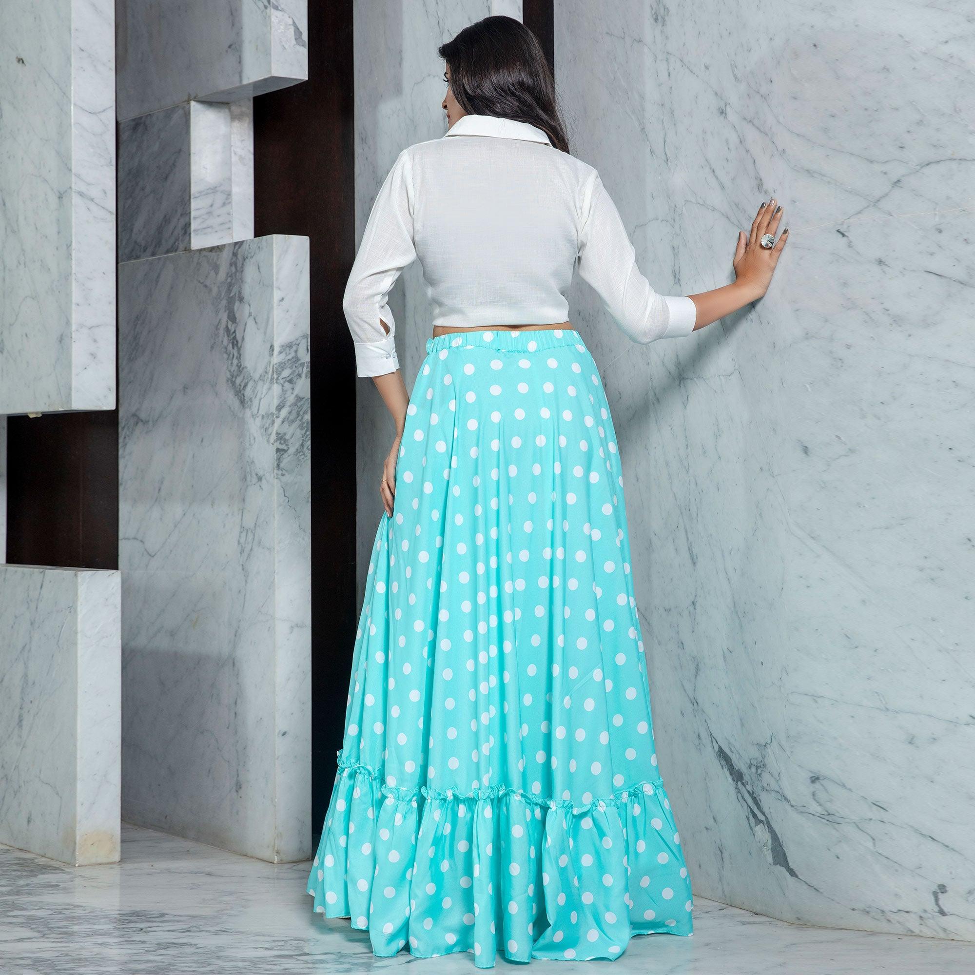 White - Sky Blue Casual Wear Printed Cotton Skirt-Top Set - Peachmode