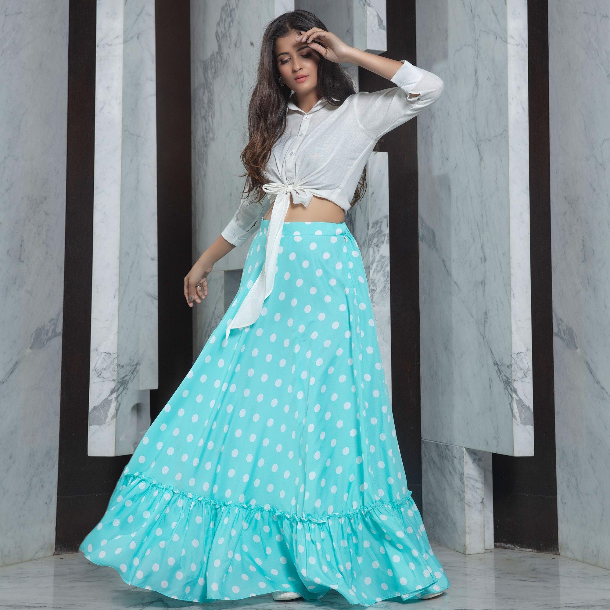 White - Sky Blue Casual Wear Printed Cotton Skirt-Top Set - Peachmode