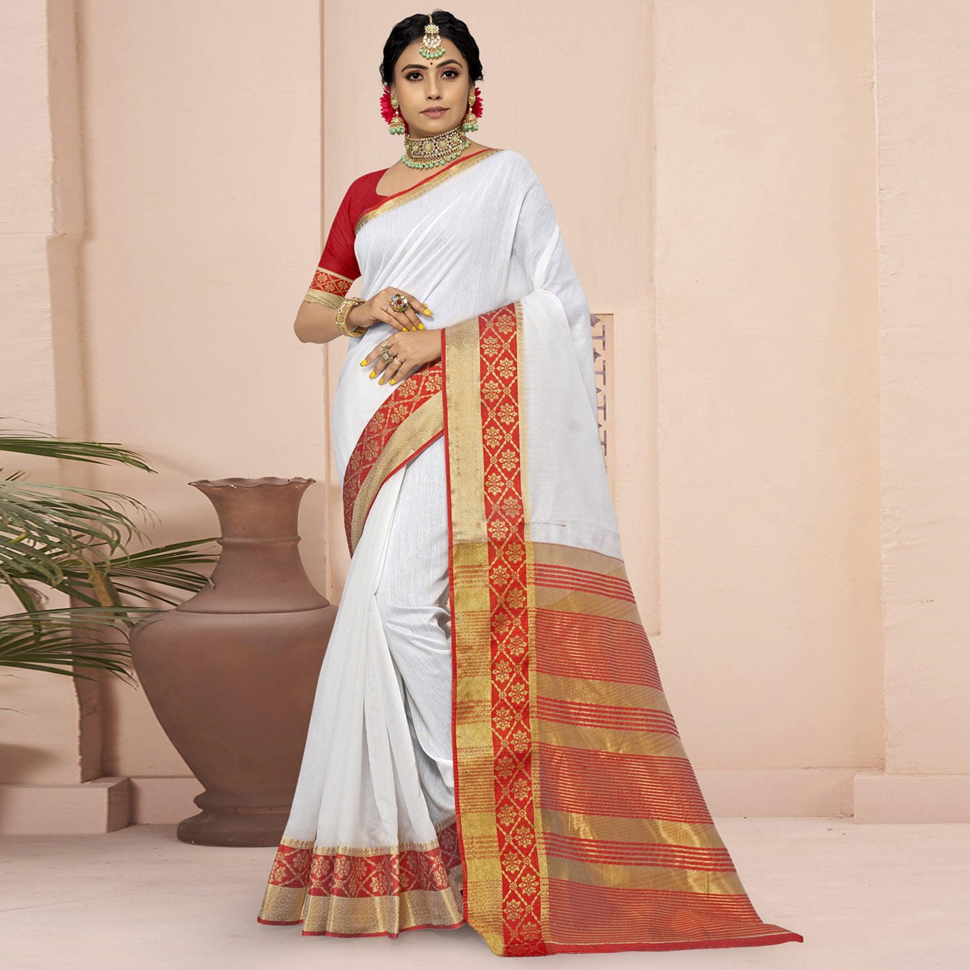 White Solid With Woven Border Poly Cotton Saree - Peachmode