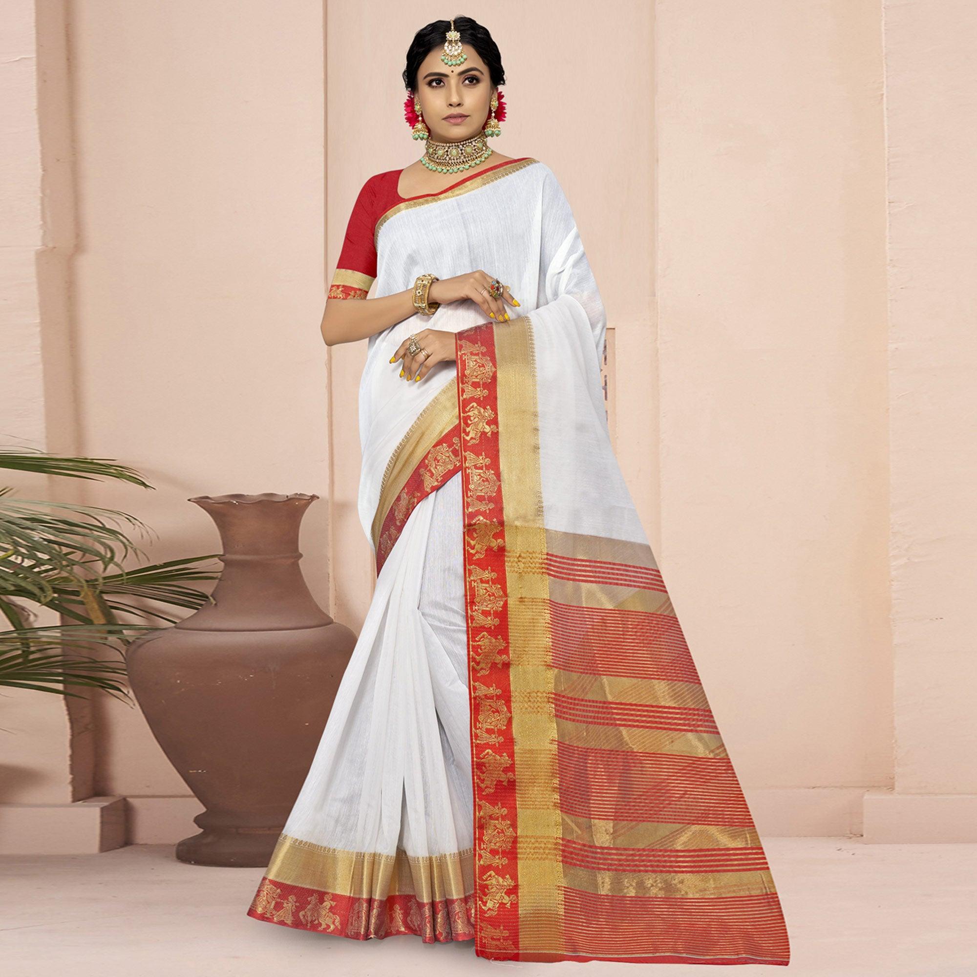 White Solid With Woven Border Poly Cotton Saree - Peachmode