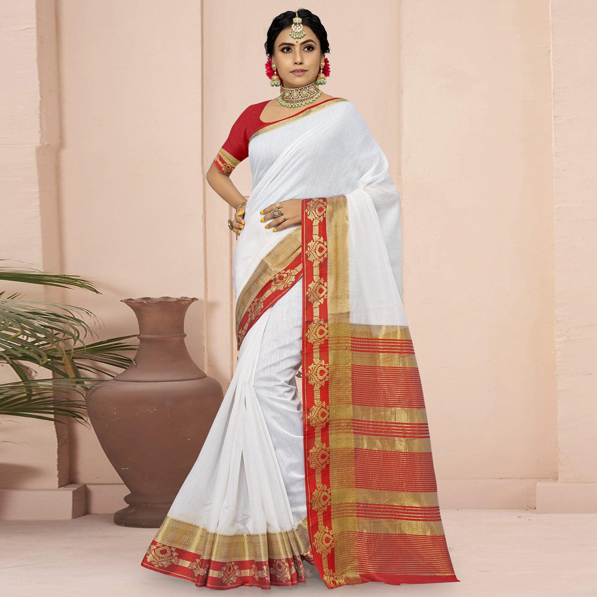 White Solid With Woven Border Poly Cotton Saree - Peachmode