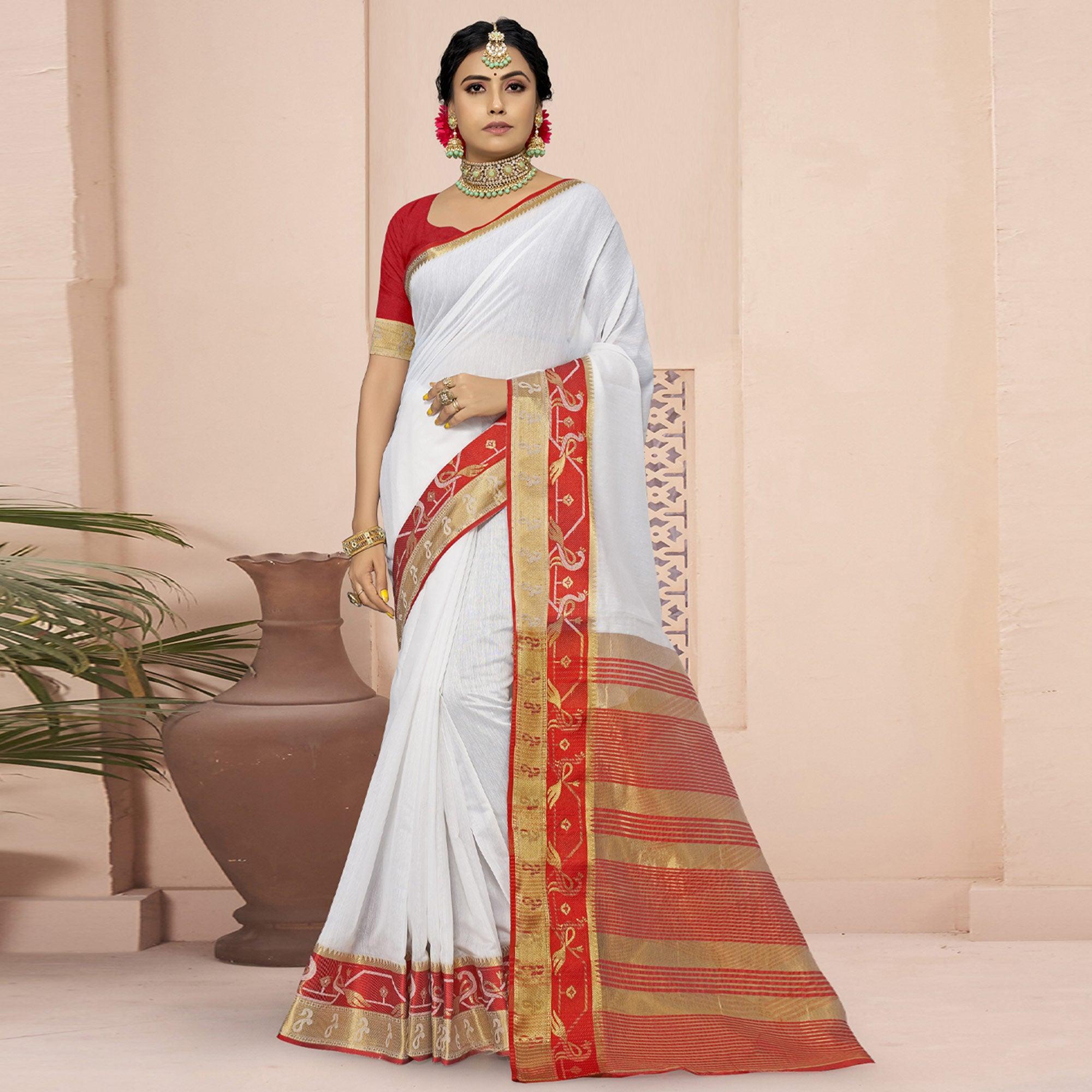 White Solid With Woven Border Poly Cotton Saree - Peachmode