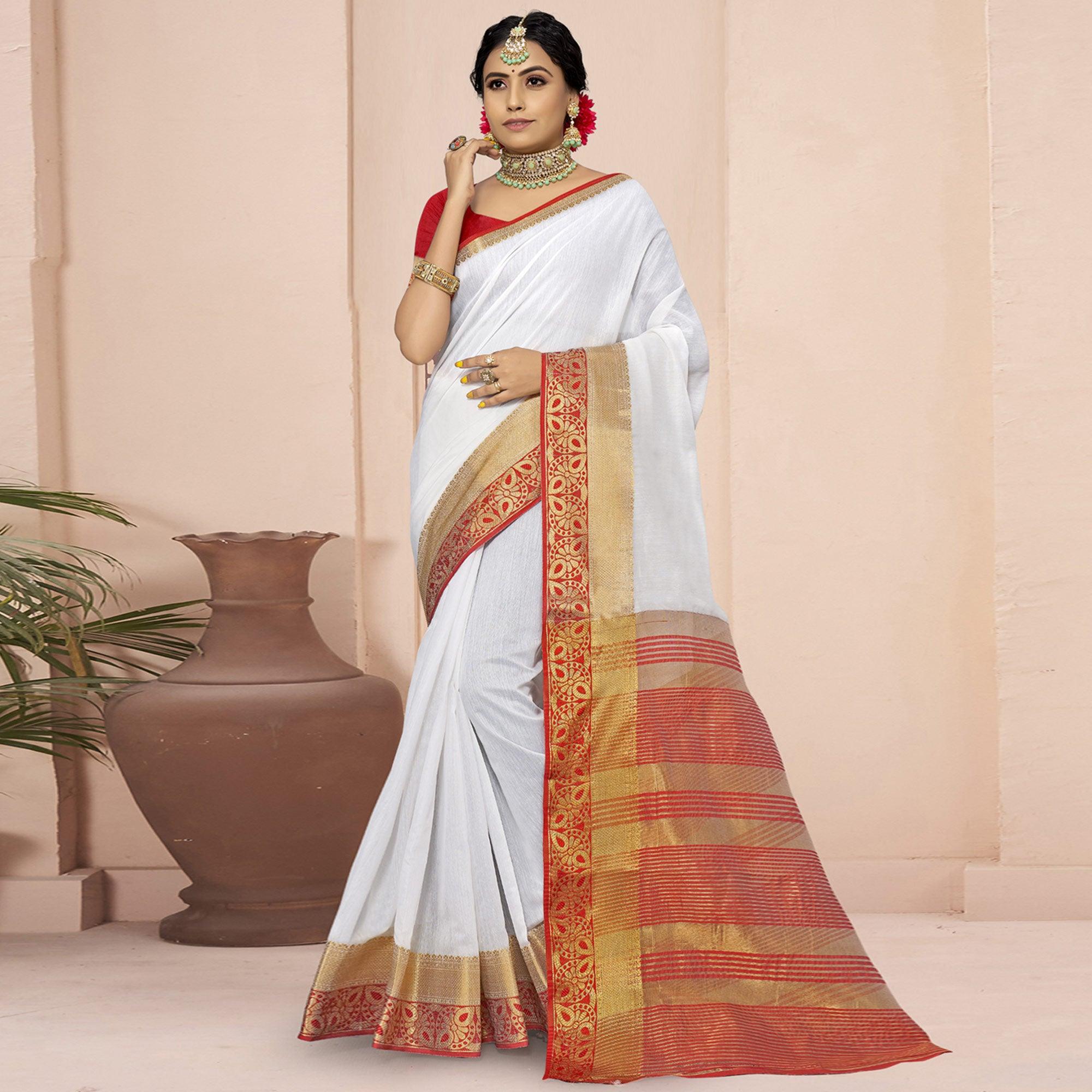 White Solid With Woven Border Poly Cotton Saree - Peachmode