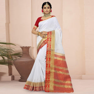 White Solid With Woven Border Poly Cotton Saree - Peachmode