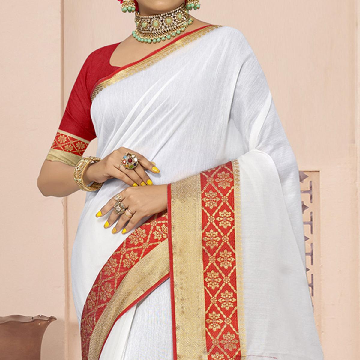 White Solid With Woven Border Poly Cotton Saree - Peachmode