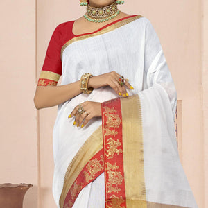 White Solid With Woven Border Poly Cotton Saree - Peachmode