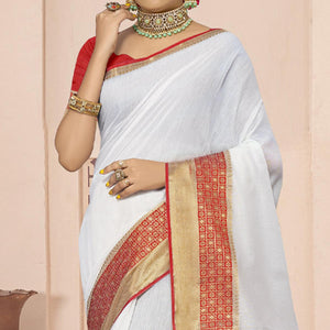 White Solid With Woven Border Poly Cotton Saree - Peachmode