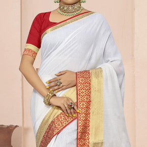 White Solid With Woven Border Poly Cotton Saree - Peachmode