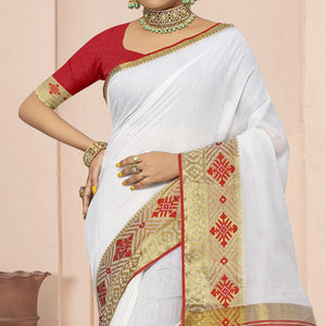 White Solid With Woven Border Poly Cotton Saree - Peachmode
