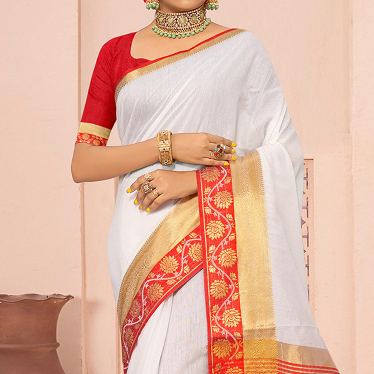 White Solid With Woven Border Poly Cotton Saree - Peachmode